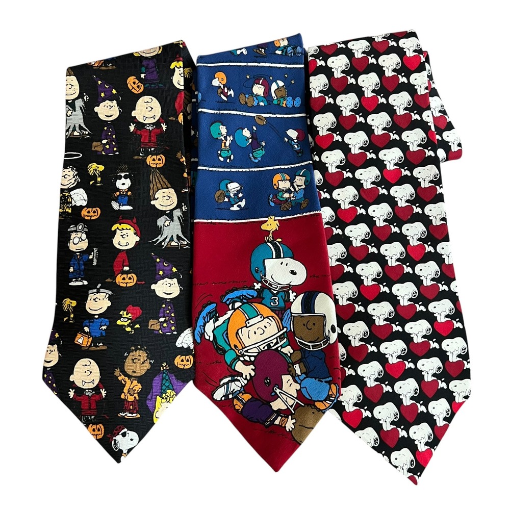 Vintage 90s Peanuts 100% Silk Tie Lot 3pc O/S Halloween Football Valentine's
